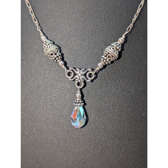 Vintage 925 Sterling Silver Beaded Chain Y Drop AB Crystal Teardrop Necklace - Picture 6 of 9
